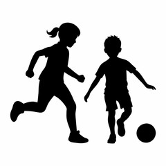 siblings are playing with a soccer ball vector silhouette, white background