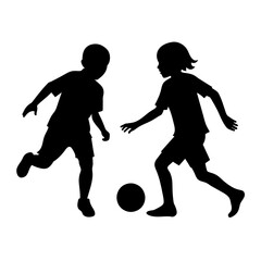 siblings are playing with a soccer ball vector silhouette, white background