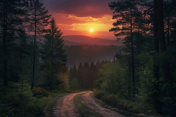 Digital image of sunset on a dirt road in forest, high quality, high resolution
