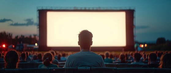 A man sits in a movie theater watching a movie