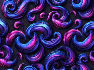 Purple and blue swirl patterns stand out against a dark black backdrop in this abstract digital artwork.