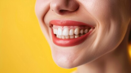 Obraz premium Close-up of smiling person with healthy white teeth against yellow background
