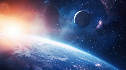 Obraz premium Vibrant space scene with sunrise over Earth-like planet and second in backdrop