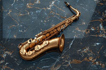 shiny golden saxophone rests elegantly on a sleek black marble table, awaiting its next melodious performance.