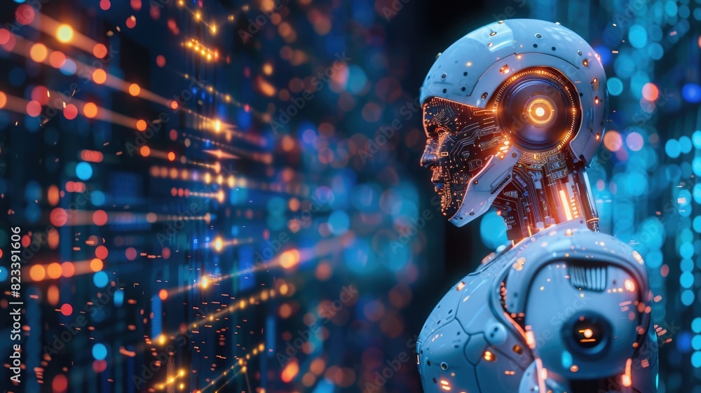 Poster futuristic robot with human-like features against backdrop of digital data streams