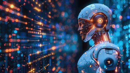 Futuristic robot with human-like features against backdrop of digital data streams