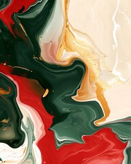 Detailed view of a vibrant abstract painting featuring bold red, white, and green colors in dynamic shapes and patterns.