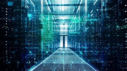 Network and data servers behind glass panels in a server room - Powered by Adobe