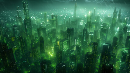 Futuristic City Concept Illustration in a Mystical Haze. Landscape with skyscrapers and transport lines.