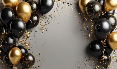 Holiday celebration background with Black Gold balloons, gifts and confetti. Happy holiday greeting card, party invite, banner, invitation or certificates with copy space