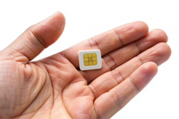 A close-up photo of a person's hand holding a white SIM card