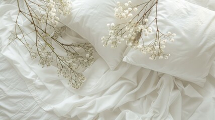 White bedding with delicate flowers on top, suggesting serene and elegant bedroom atmosphere