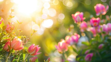 Pink roses bathed in warm sunlight with soft-focus background