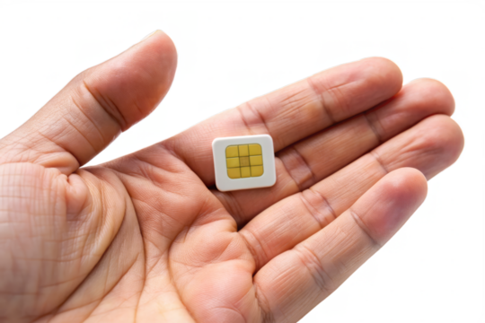 A close-up photo of a person's hand holding a white SIM card