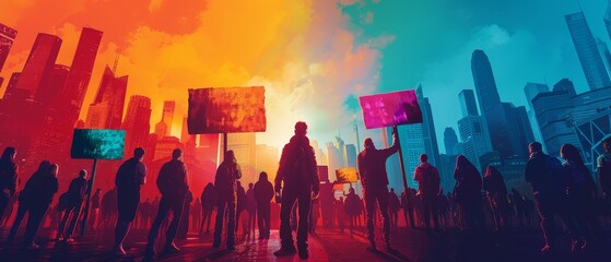 Vibrant illustration of people in an urban environment holding signs. The image is split with warm and cool tones representing different sides.