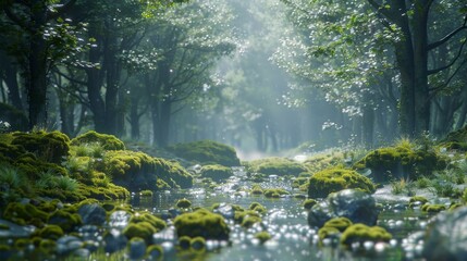 Obraz premium Top of the line CG, surreal photography.Mossy stones along a forest stream after a rainstorm. beautiful, romantic, and beautiful lighting. Blue sky, ultra-high definition, front view, Nikon