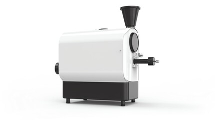 Modern white and black coffee roaster machine isolated on white background. Industrial equipment for coffee roasting and processing.