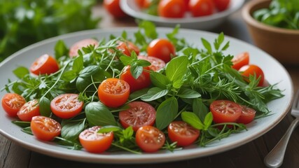 Fototapeta premium A vibrant and fresh salad made with cherry tomatoes and mixed greens, perfect for a healthy meal or side dish.