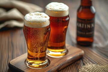 Two glasses of beer next to a beer bottle on wooden background