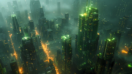 Fototapeta premium Futuristic City Concept Illustration in a Mystical Haze. Landscape with skyscrapers and transport lines.