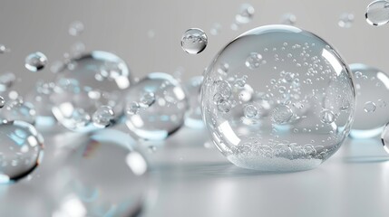 Sleek 3D render of transparent bubbles floating in a neutral space with reflections and highlights