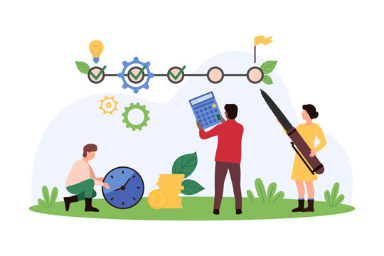 Business project change, task management with horizontal timeline tracker chart. Tiny people mark completed goals and achievements on milestones from light bulb to flag cartoon vector illustration