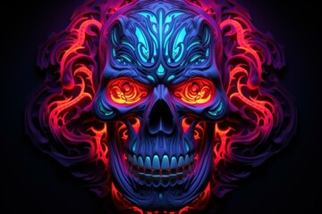 Digital illustration of a symmetrical skull with vibrant neon blue and red glow effects