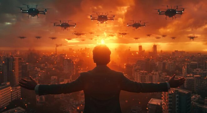 A leader orchestrating a harmonious ballet of drones in the sky, symbolizing innovation and control