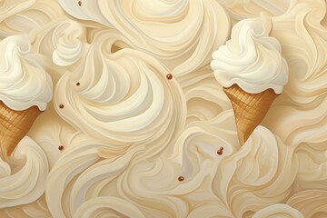 Illustration of a creamy, seamless vanilla ice cream background with cones