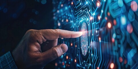 A Biometric security, data encryption. Businessman using fingerprint identity to access personal