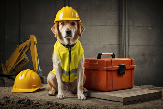 a dog wearing a bright yellow safety suit and a hard hat sitting next to a toolbox on a construction site