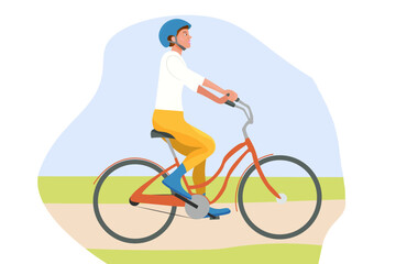 Riding bike in the city park or countryside. Summer activity, bicycle trip. Flat vector illustration. Healthy and active lifestyle.