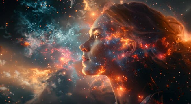 A creative mind's inner world, with thoughts as stars in a galaxy
