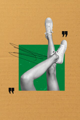 Fototapeta premium Vertical collage picture woman legs shaven smooth bodycare fragment sneakers skincare author citation comment speech drawing doodles