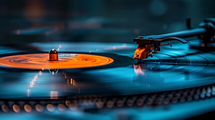 A captivating image showing the needle of a turntable on a groovy orange vinyl record in action