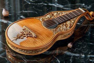 wooden guitar delicately rests on top of a luxurious black marble table, creating a striking...