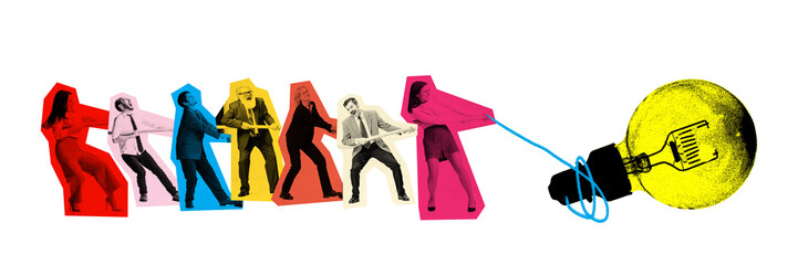Banner. Contemporary art collage. Business people tugging rope connected to large yellow light...