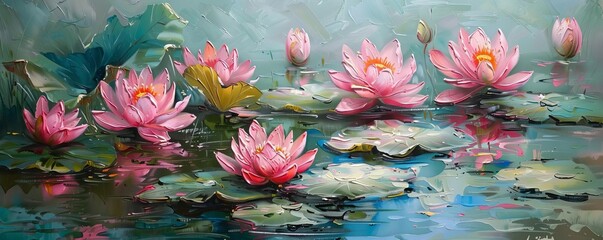 Oil painting of beautiful water lilies in the pond, in the style of impressionism