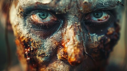 Detailed depiction of a person's face with grizzly special effects makeup simulating injury