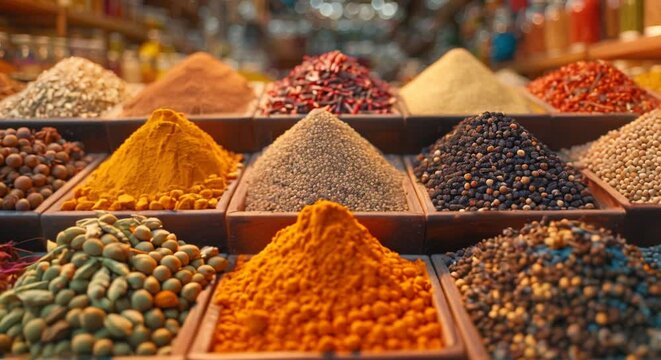 Close-up of traditional spices in a market, blurred exotic bazaar