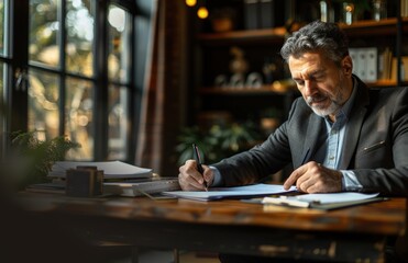 A man is seated at a table, focused on writing on a piece of paper in front of him