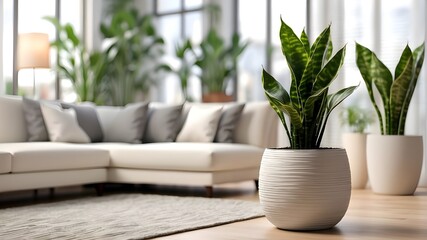 Sansevieria or snake plant in a pot against a blurred living room interior background. Generative AI.