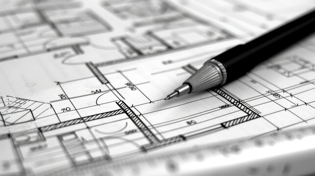A black pen lays on top of a detailed blueprint, showcasing a professional workspace with essential tools for architectural or engineering work