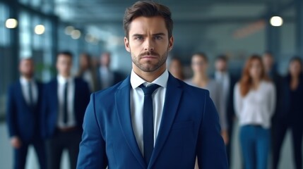A man in a formal suit standing confidently in front of a diverse group of people