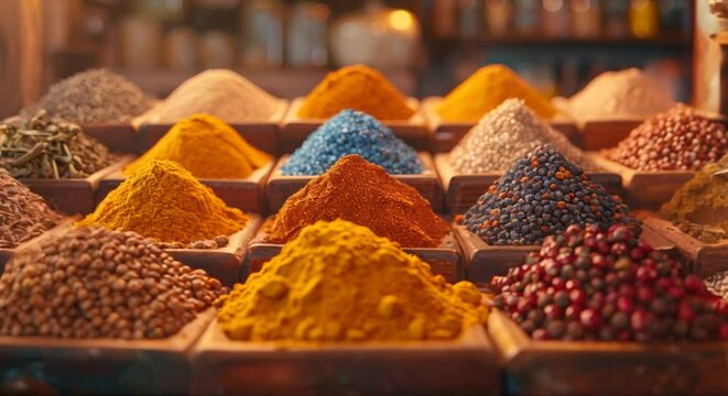 Close-up of traditional spices in a market, blurred exotic bazaar