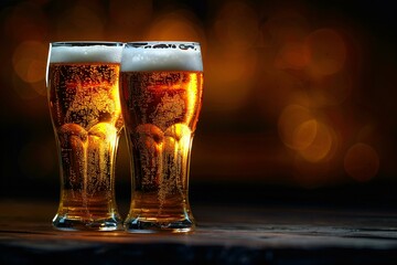 Digital artwork of two beer glasses are sitting on a table in dark
