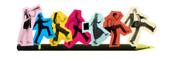 Banner. Contemporary art collage. People in colorful effect go together, while boss motivate them,...