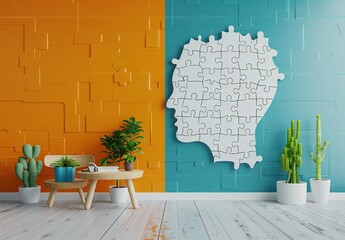 Room decor with human head puzzle piece on orange and blue wall for art and mental health therapy concept