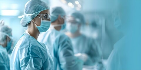 Medical professionals in ER clinic room with copy space over blue background. Concept Medical Professionals, ER Clinic, Copy Space, Blue Background