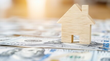 A wooden house placed on top of a significant pile of money, symbolizing wealth and financial success
